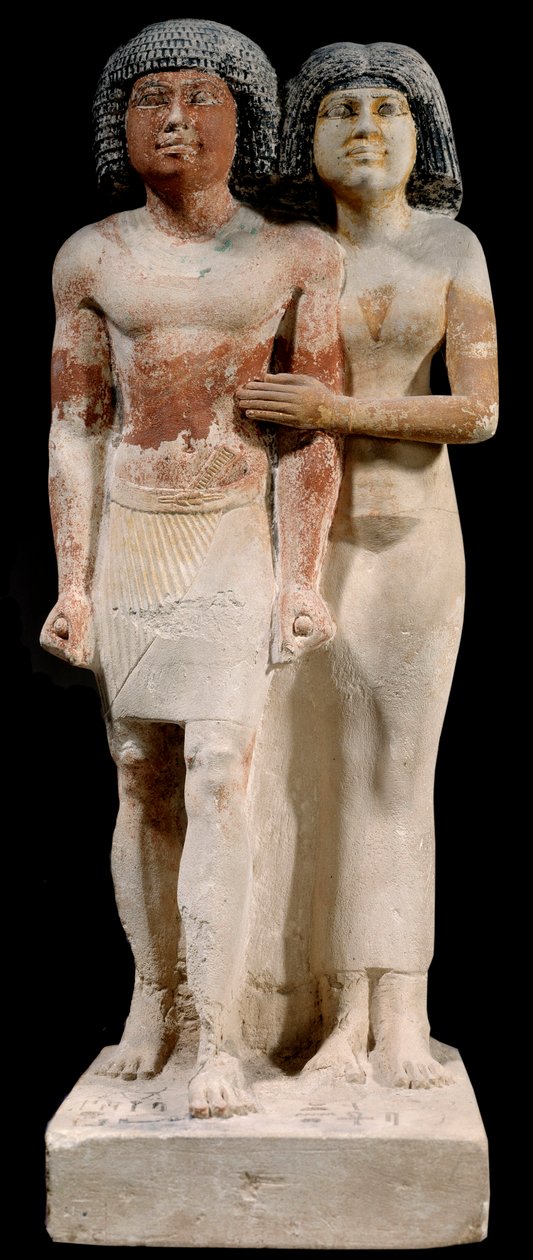 Egyptisk antikvitet: Kalksteinsstatue av paret Raherka og Meresankh. 5. dynasti. Gammelt imperium (rundt 2700-2200 f.Kr.). Søn 0,52x0,21 m Paris, musee du Louvre av School Egyptian