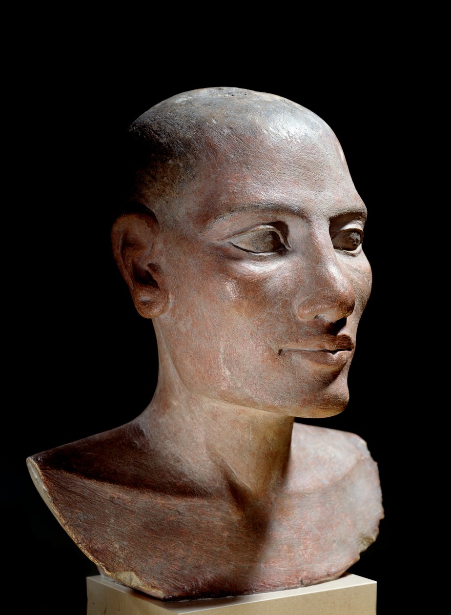 Egyptisk antikvitet: Salthode. Kalksteinsskulptur, Old Empire (rundt 2700-2200 f.Kr.). Paris, musee du Louvre - Egyptisk antikk: Hodet til en ung mann sa "" Salt"" hode, malt kalkstein, Gamle riket (ca. 2700-2200 f.Kr.), Louvre-museet, Paris av School Egyptian