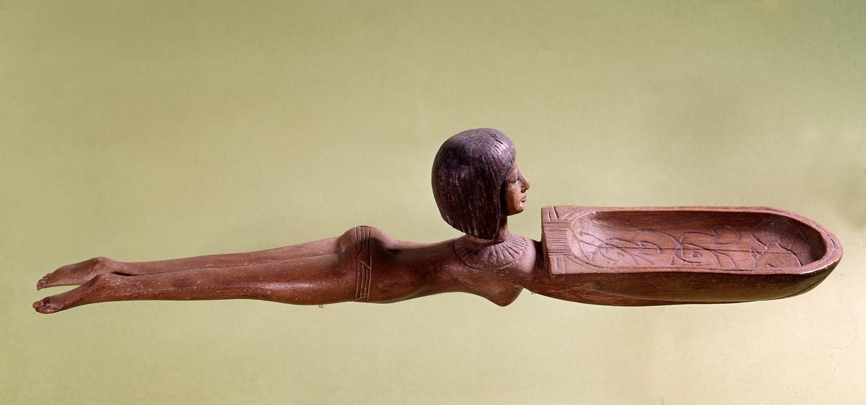 Egyptisk antikk: Treskje for kosmetikkskje kalt en naken svømmer som holder en and. 18. dynasti, nytt imperium. Paris, Louvre-museet av School Egyptian