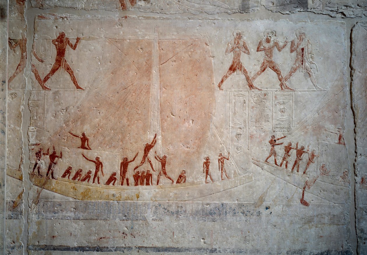 Egyptisk antikvitet: en seilbåt. Kalksteinsrelieff fra kapellet i Mastaba av Akhethetep i Saqqara. 5. dynasti (rundt 2500-2350 f.Kr.) 2300 f.Kr. Paris, Louvre-museet av School Egyptian