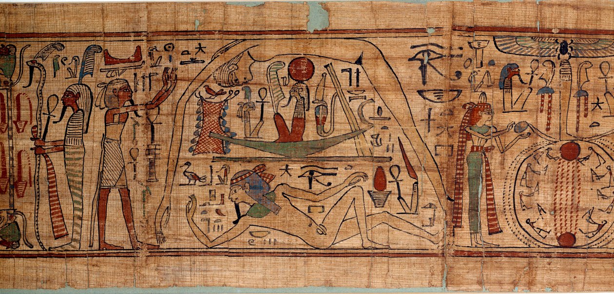 Egyptisk antikk allegori av kosmos: mytologisk papyrus av Neskapashouty, regnskapsskriver av korn som representerer kosmogoni, med Geb, Nout, Nephtys, Osiris. 1070-664 f.Kr. 21. dynasti. Søn 2,7x0,27 m Paris, musee du Louvre av School Egyptian