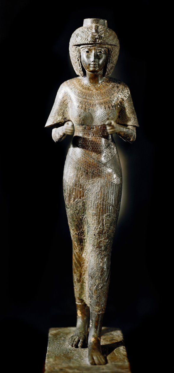 Egyptisk antikvitet: bronsestatue av dronning Karomama, kona til farao Takelot II. 21. dynasti. Paris, Louvre-museet av School Egyptian