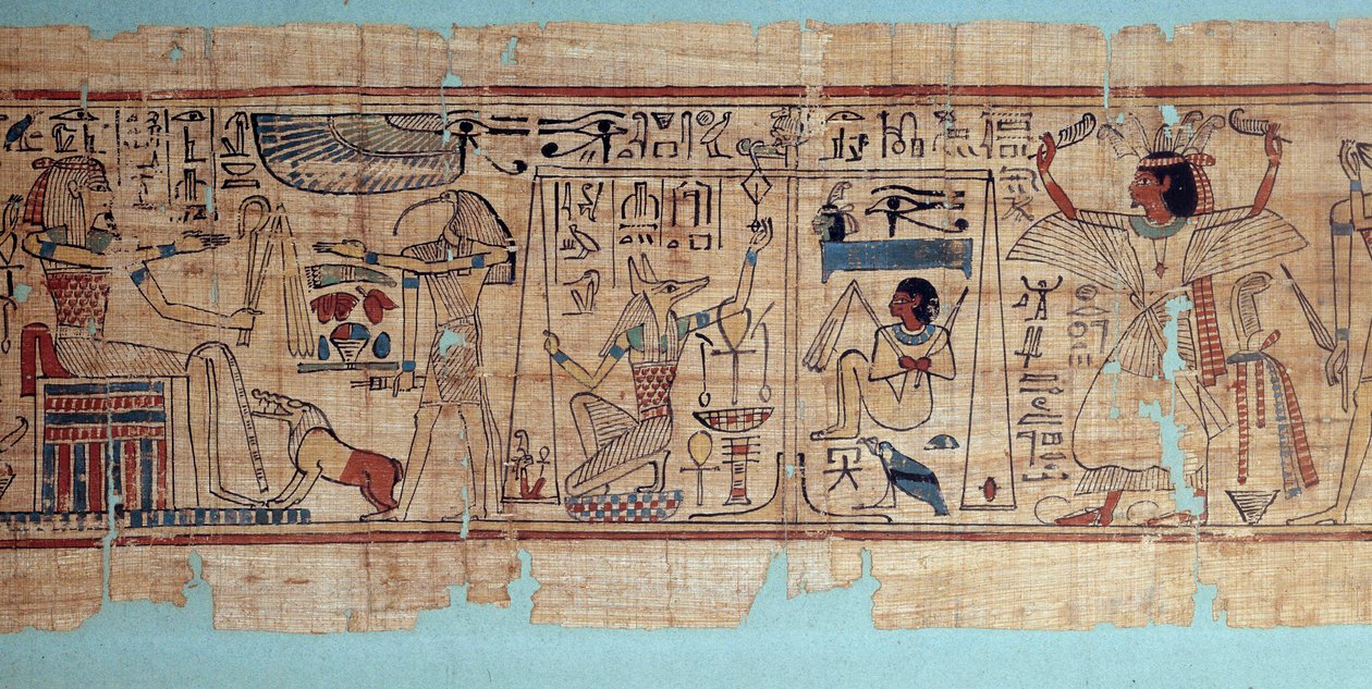 Egyptisk antikvitet: detalj av den mytologiske papyrusen til Neskapashouty, regnskapsfører for kornene på Amons loft. Anubis veier hjertet (sjelen) til den avdøde. 21. dynasti av School Egyptian