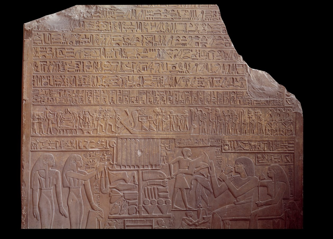 Egyptisk antikvitet: begravelsesstele dekket med en inskripsjon på kodespråk i form av hieroglyfer. Paris, Louvre-museet av School Egyptian