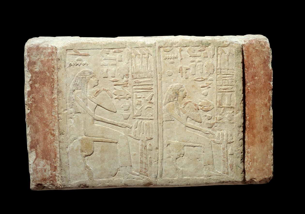 Egyptisk antikvitet: begravelsesstele i kalkstein av Waten- og Ousernebnet-damene. Thinittperiode (ca. 3100-2700 f.Kr.) 2. dynasti fra Memphis. Paris Louvre-museet av School Egyptian