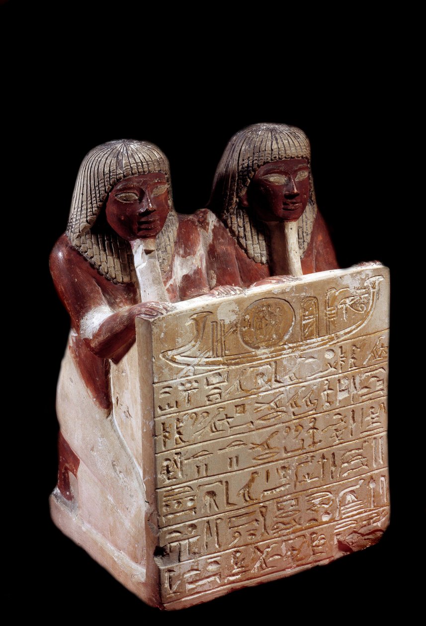 Egyptisk antikvitet: kalksteinsstatue som fungerer som stele i navnet til Didi og hans sønn Padoua. Nytt imperium. Fra Deir el Medineh. Søn 0,31 m Paris, Musée du Louvre av School Egyptian