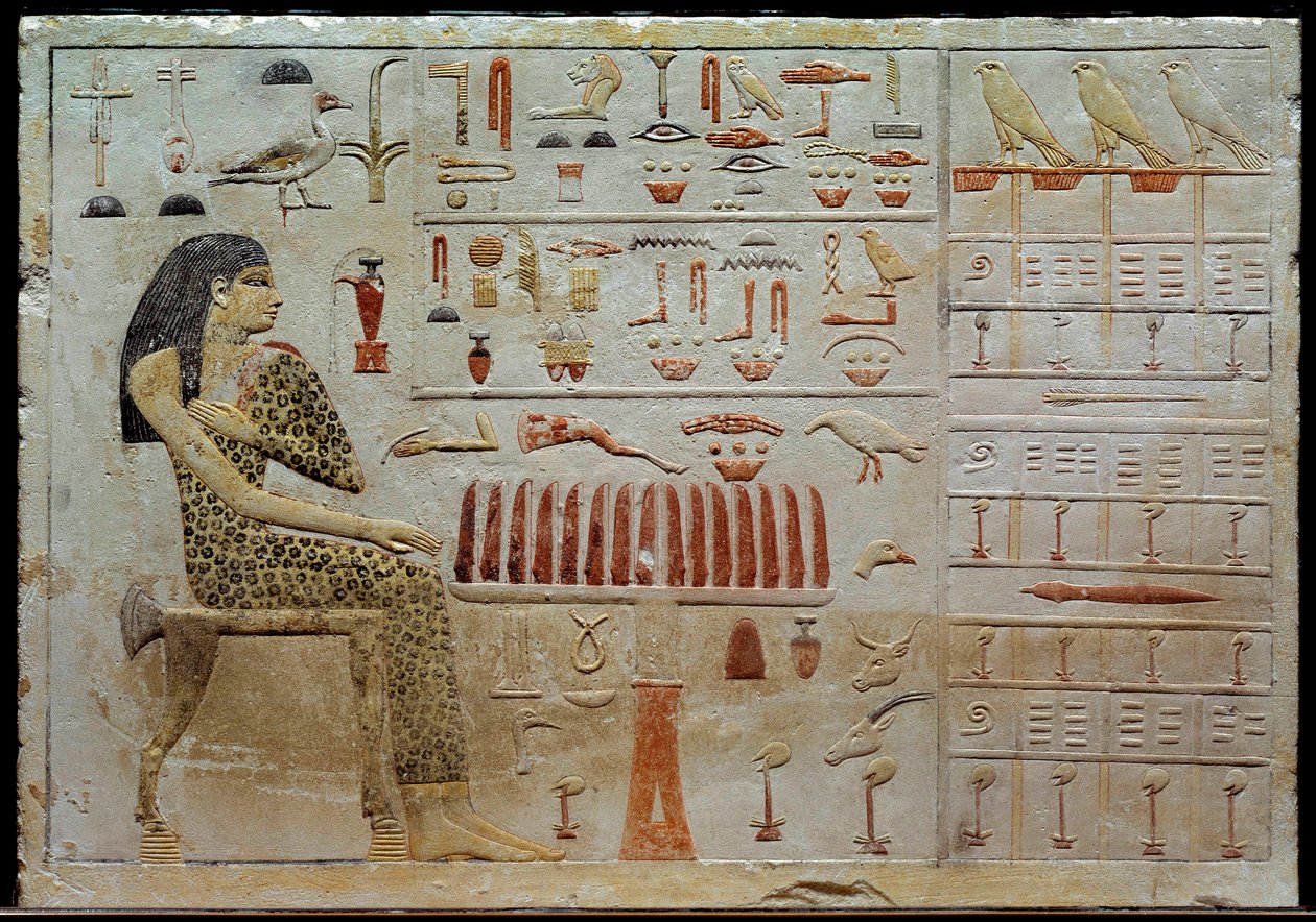 Egyptisk antikvitet: kalksteinstele av Nefertiabet representerer foran et bord med tilbud. 4. dynasti (rundt 2620-2500 f.Kr.) Søn. 0,37x0,52 m Paris, Musée du Louvre av School Egyptian
