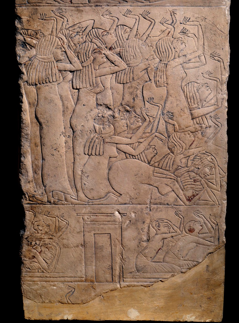 Egyptisk antikvitet: memfittgrav fra Horemheb til Saqqarah (Sakkarah eller Saqqara), lettelse: gråtende ved begravelsen til Horemheb. 18. dynasti (ca. 1550–1295 f.Kr.) av School Egyptian