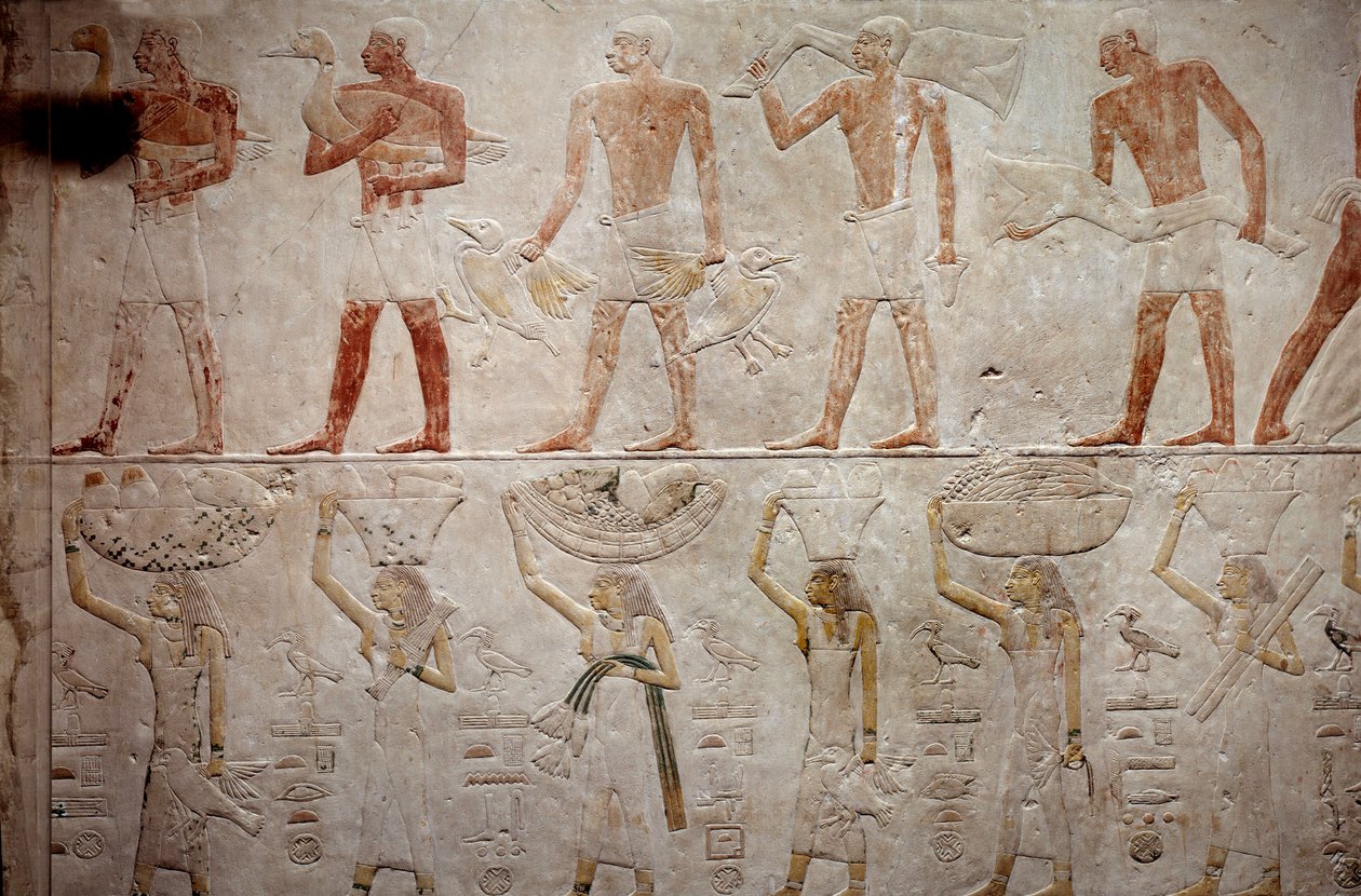 Egyptisk antikvitet: menn som bærer ender. Kalksteinsrelieff fra kapellet i Mastaba av Akhethetep i Saqqara. 5. dynasti (rundt 2500-2350 f.Kr.) 2300 f.Kr. Paris, Louvre-museet av School Egyptian
