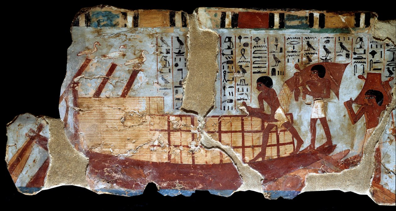Egyptisk antikvitet: veggmaleri fra den tebanske graven til Ounsou: transport av hvete med vann, serie fresker på pløying, planting, høsting, transport av skjær samt deplanting og stripping av korn. Reg of Thutmosis (Tuthmosis eller Thutmu av School Egyptian