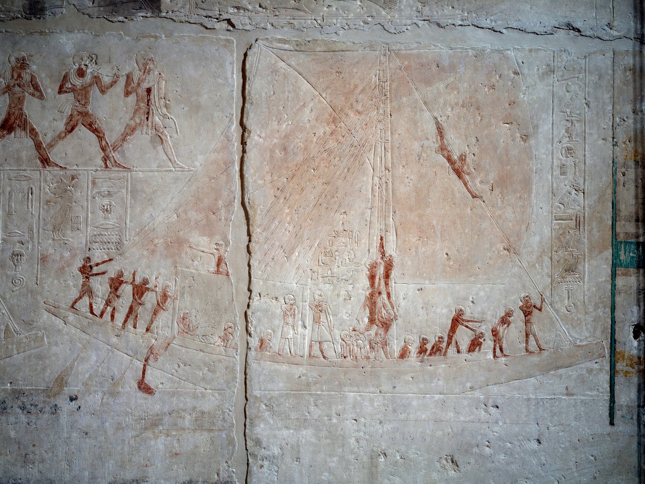 Egyptisk antikvitet: navigasjonsscene. Kalksteinsrelieff fra kapellet i Mastaba av Akhethetep i Saqqara. 5. dynasti (rundt 2500-2350 f.Kr.) 2300 f.Kr. Paris, Louvre-museet av School Egyptian