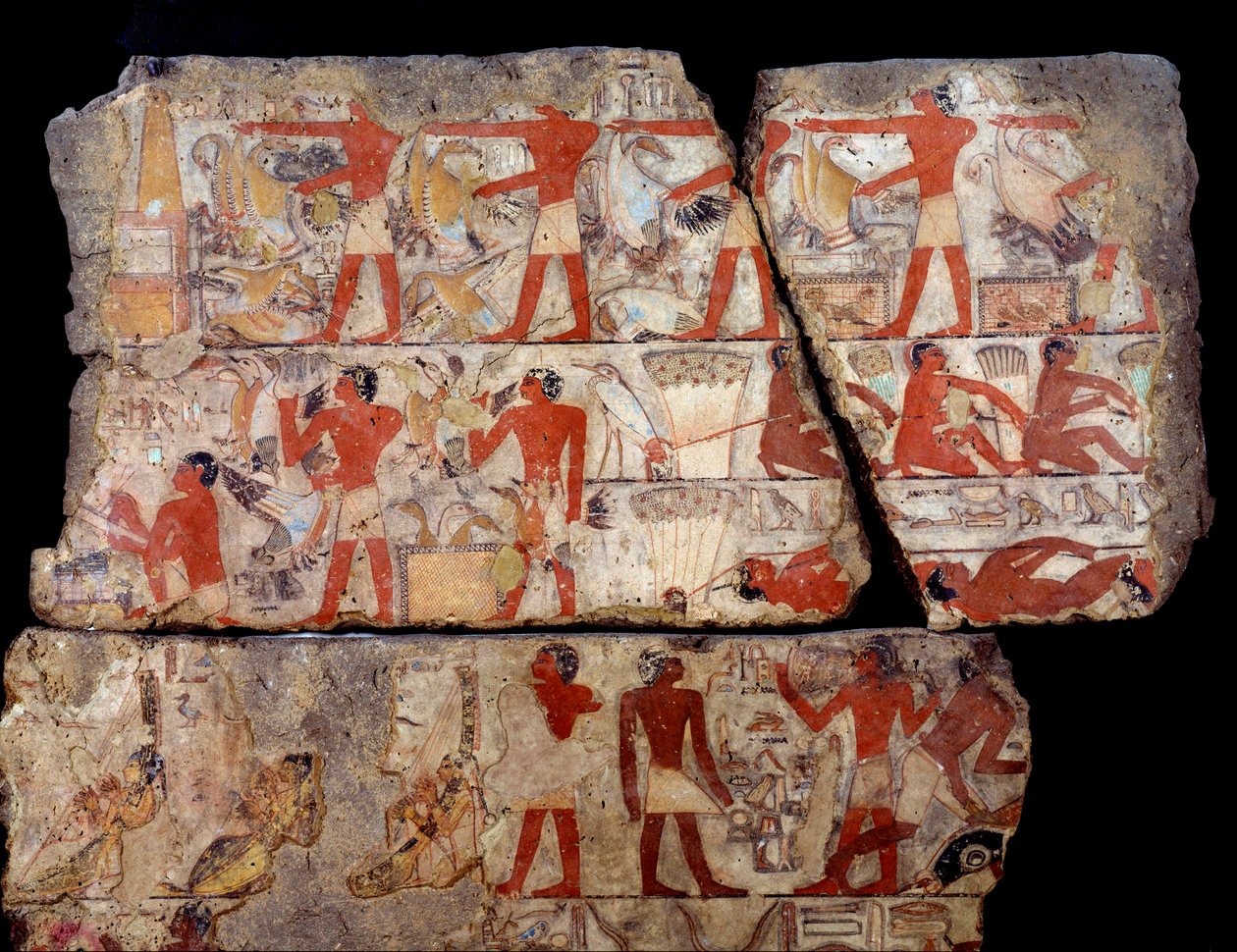 Egyptisk antikvitet: maleri av mastabaen til Metchetchi. Scene for dagliglivet (jakt, fiske, ofring) i Egypt på tidspunktet for det 6. dynastiet. 2400-2300 f.Kr. Fra stedet til Saqqara (Sakkara) av School Egyptian