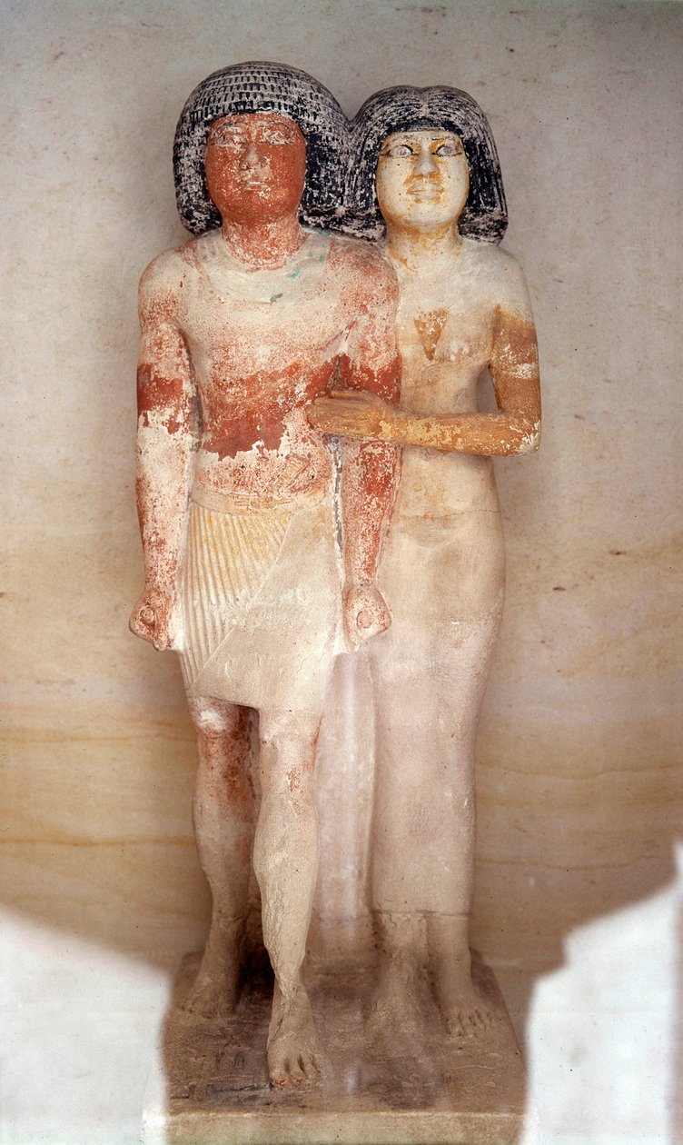 Egyptisk antikvitet: statue av Raherka, sjefen for de skriftlærde, og hans kone Meresankh. Malt kalksteinsstatue. 5. dynasti, gammelt imperium (rundt 2700-2200 f.Kr.). Dim. 0,52x0,21 m. Museet Louvre av School Egyptian