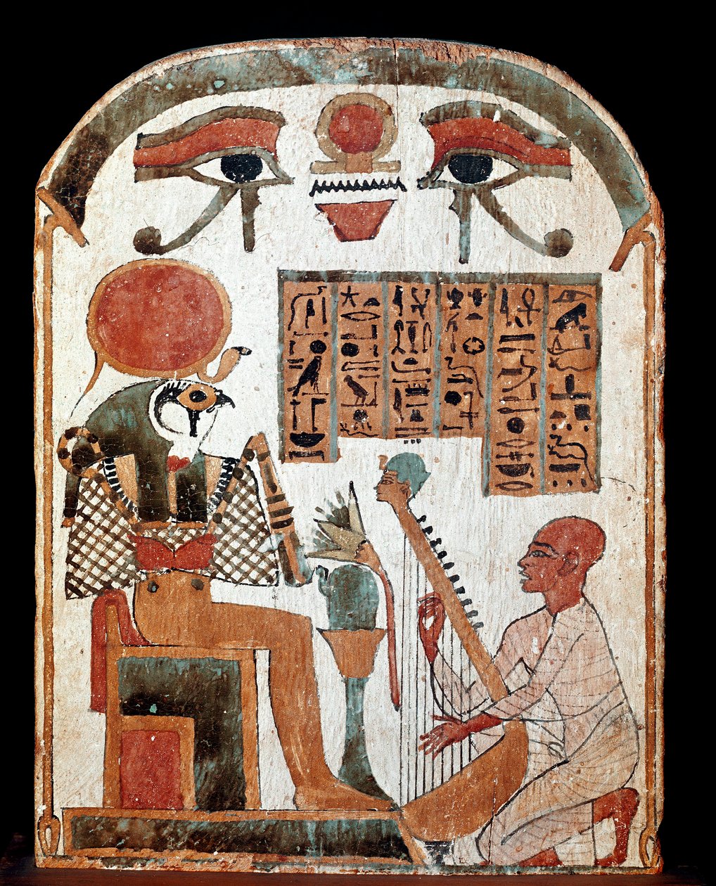Egyptisk antikvitet: stele av harpisten Jedkhonsuiufankh i tilbedelse før den guddommelige Horus. Mellomperiode. 1069-664 f.Kr. Paris, musee du Louvre - Egyptiske antikviteter: stela av harpisten Djedkhonsouioufankh som tilber guden Horus. Middels Per av School Egyptian