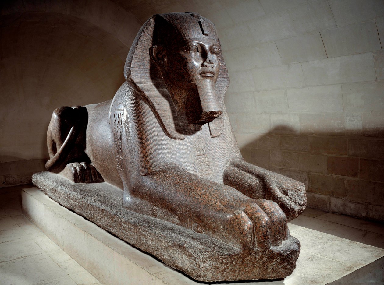 Egyptisk antikvitet: den store sfinksen tilraner seg av Ramses II og hans sønn Merenptah 1st (eller Mineptah, Merneptah). Rosa granitt skulptur. Paris, Louvre-museet av School Egyptian