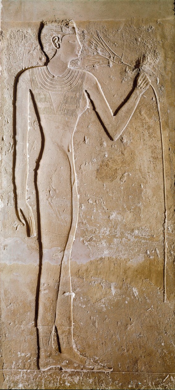 Egyptisk antikvitet: ung kvinne har lotusblomst. Kalkstein. 5. dynasti, 2300 f.Kr. Dim. 145 cm Paris, Musée du Louvre av School Egyptian
