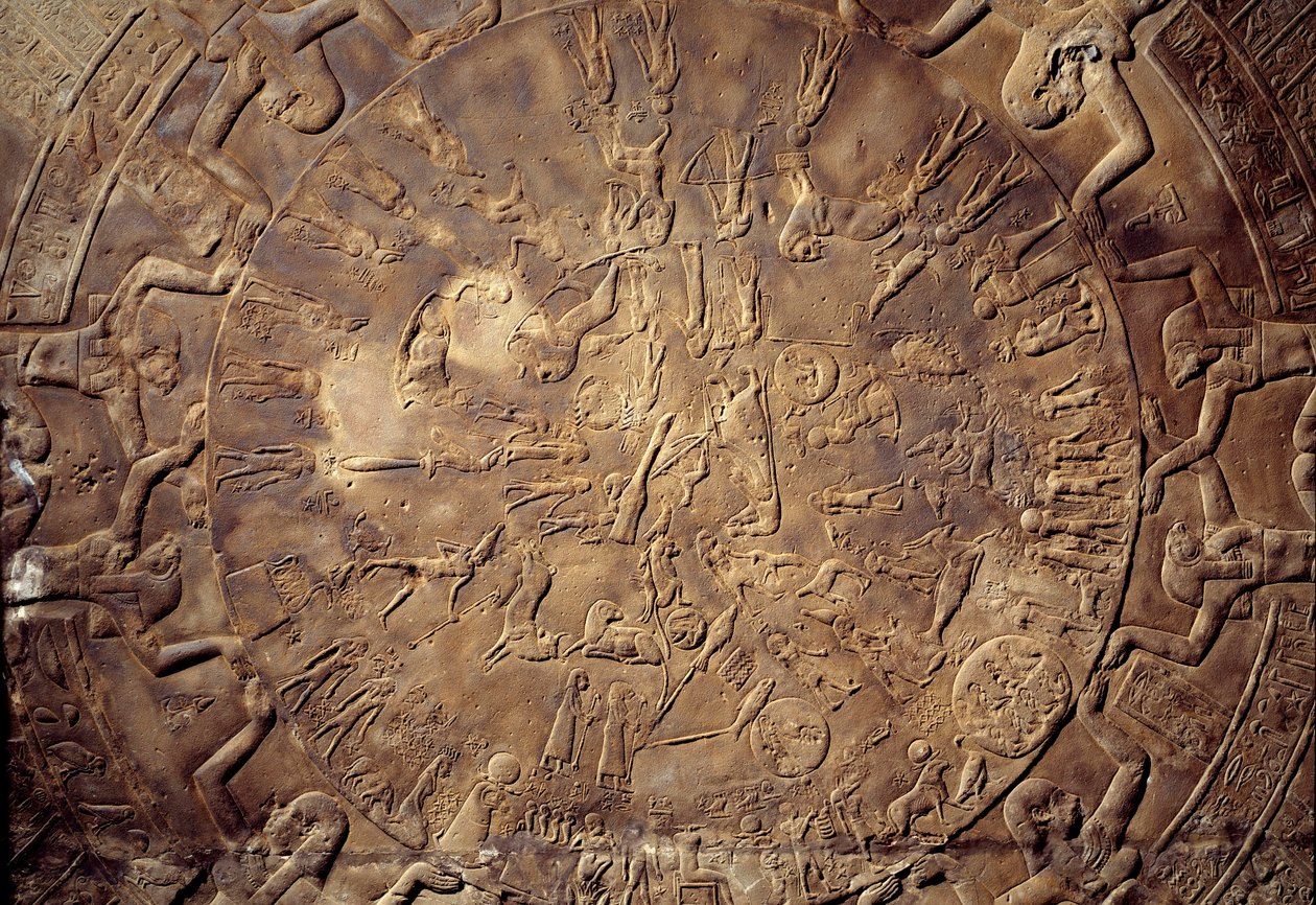 Egyptisk antikke: dyrekretsdetalj med relieffkonstellasjoner fra taket i østkapellet til Osiris fra Hathor-tempelet i Dendera. 30 f.Kr. Paris, Louvre-museet av School Egyptian