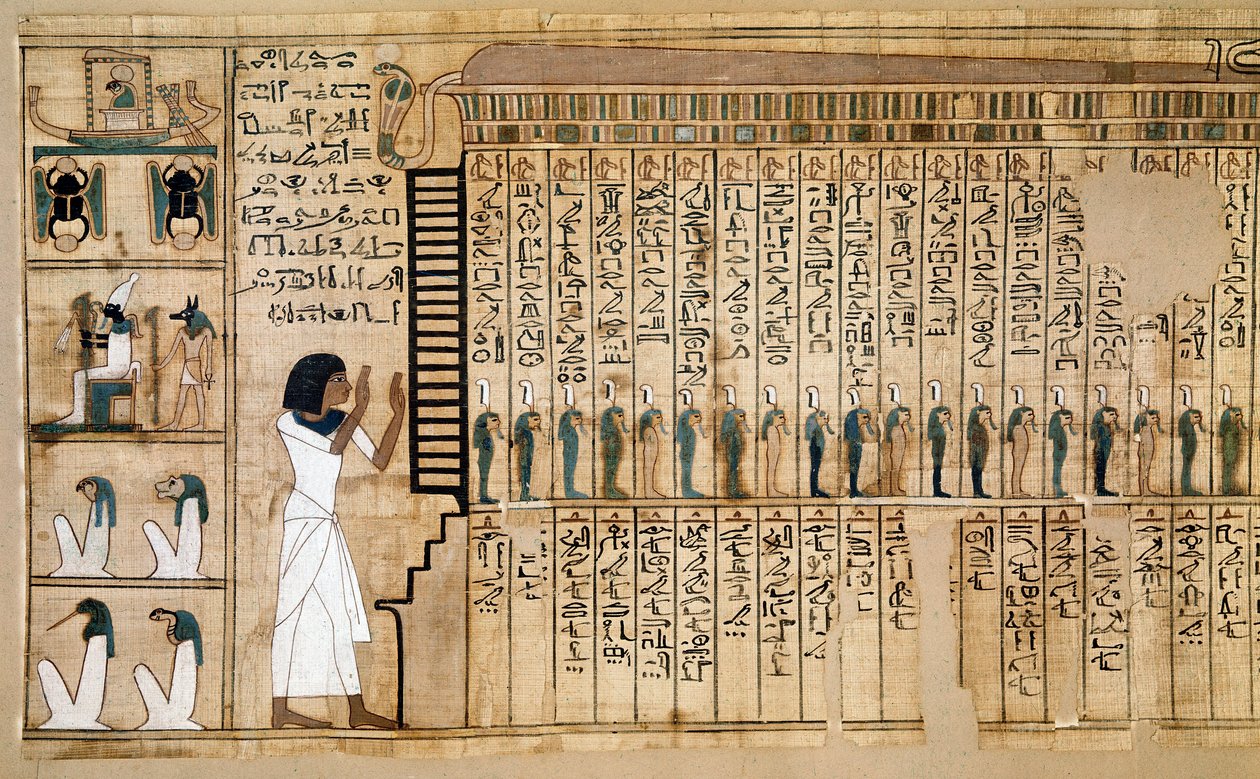 Egyptisk antikvitet: fragment av De dødes bok, papyrus fra Nebqed. Detalj som representerer ankomsten til den avdøde i etterkant. 18. dynasti. 1400-1350 f.Kr. Paris, Musee du Louvre - Det gamle Egypt: fragment av de dødes bok, Papyrus of Ne av School Egyptian