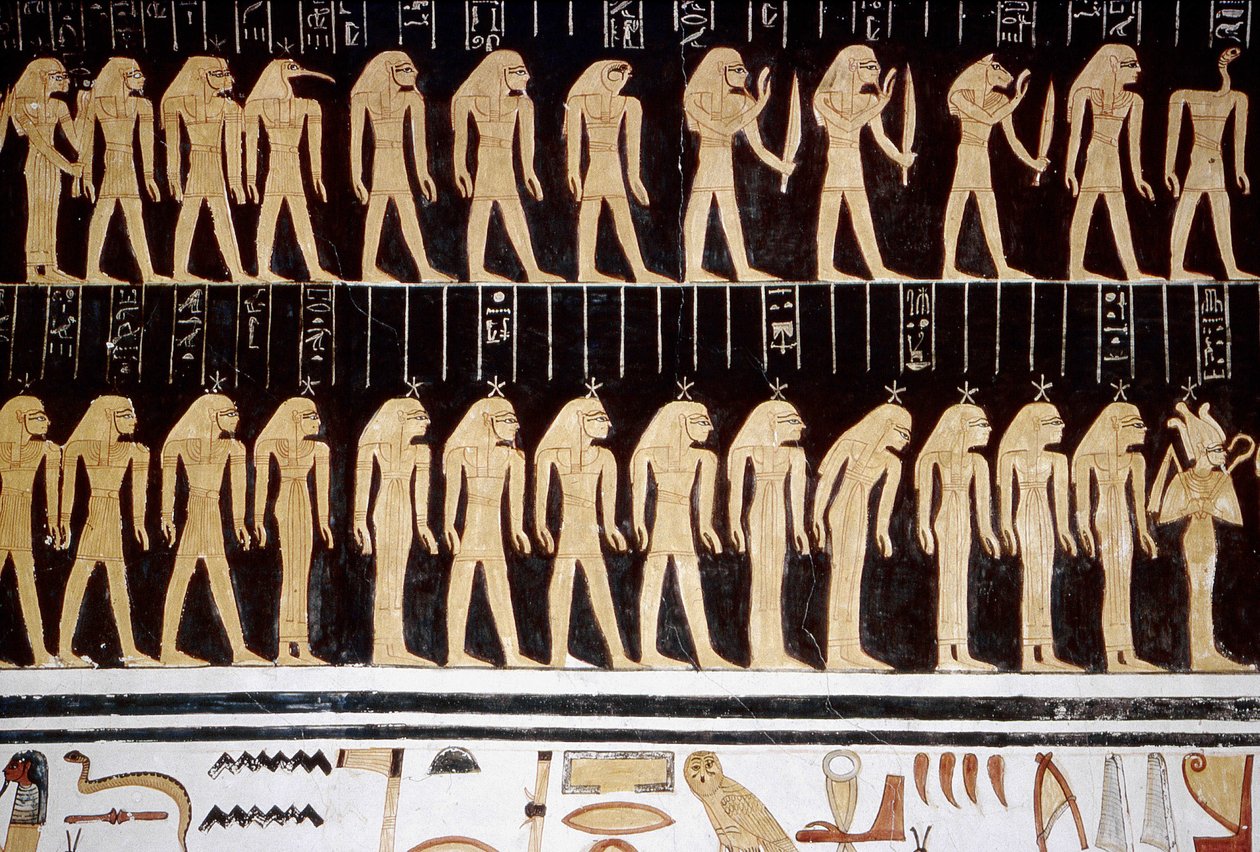 Luxor, Theben: Kongenes dal, tegning av gud og gudinne på den indre veggen i et tempel. av School Egyptian