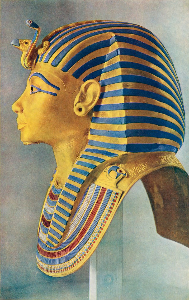 Tutankhamon. Den solide gullportrettmasken som dekket hodet til den unge faraos mumie. Egyptisk farao fra det 18. dynastiet, styrte ca. 1332 f.Kr. 1323 f.Kr. Fra The Illustrated London News, Silver Jubilee Record Number av School Egyptian