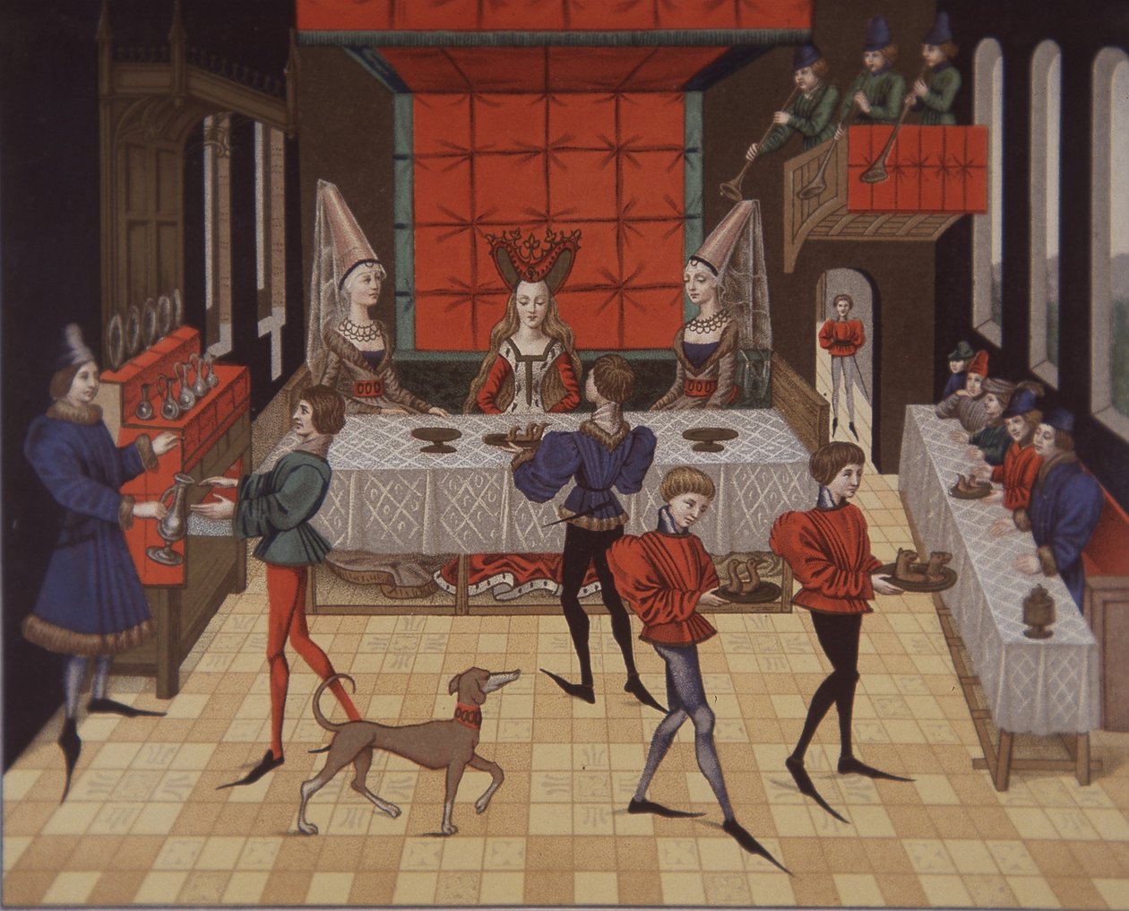 1400-talls middelalderske aristokratiske damer servert middag (farge litho) av School English