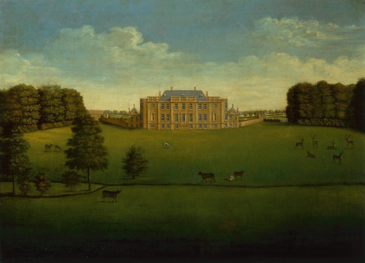 Et prospekt av Gautby Hall, Lincolnshire fra Across the Lake av School English