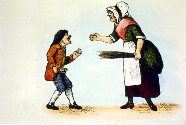 Et barn blir refset på en dames skole, illustrasjon fra historien om hornboken (farge litho) av School English