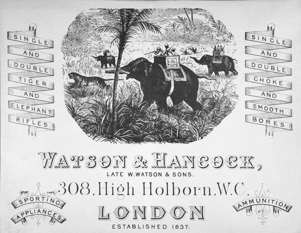 Annonse for Watson & Hancock våpenmakere, ca. 1900 (litho) av School English