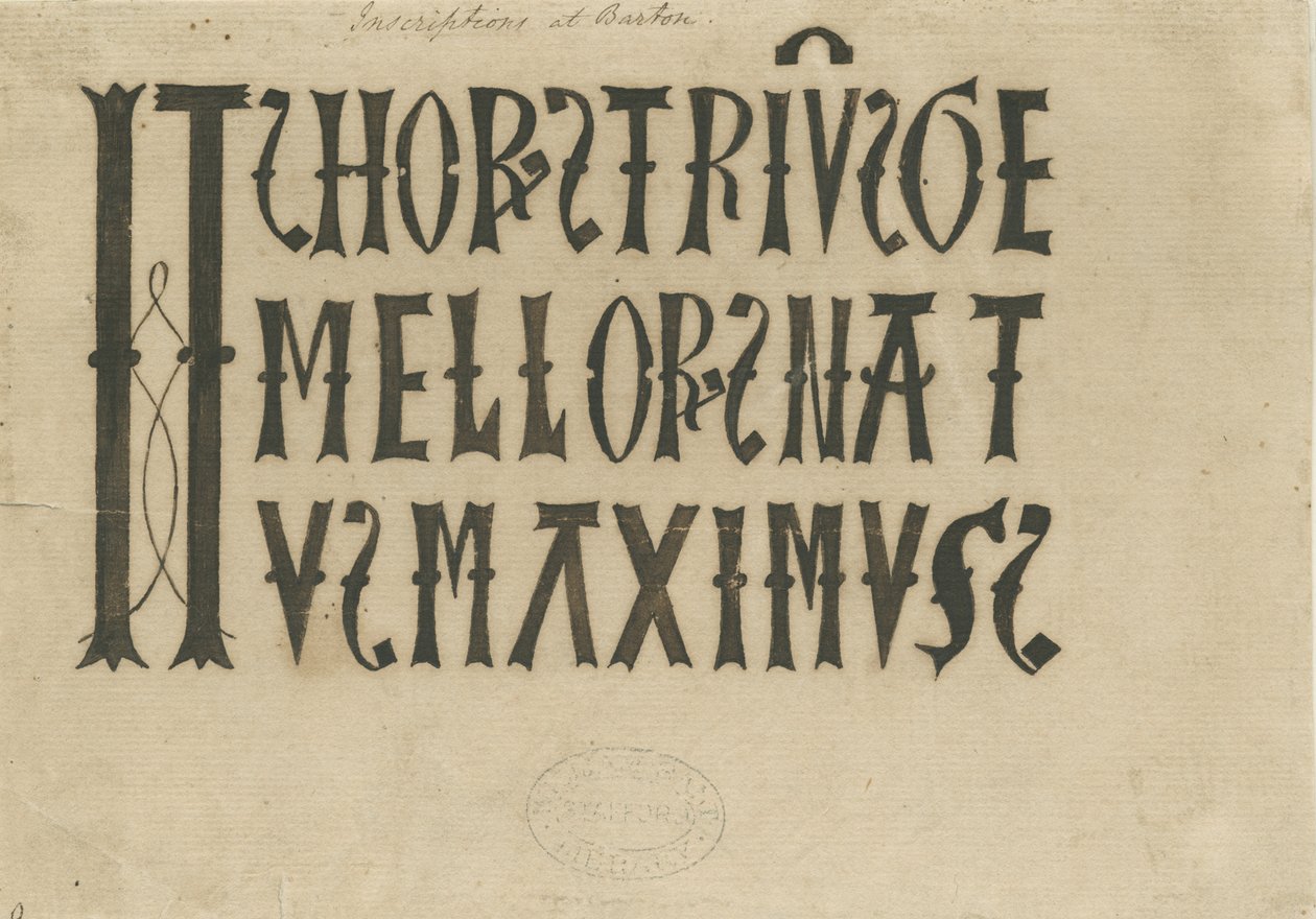 Barton under Needwood Church - inskripsjon: blekkfaksimile, og [?1700-tallet] (tegning) av School English