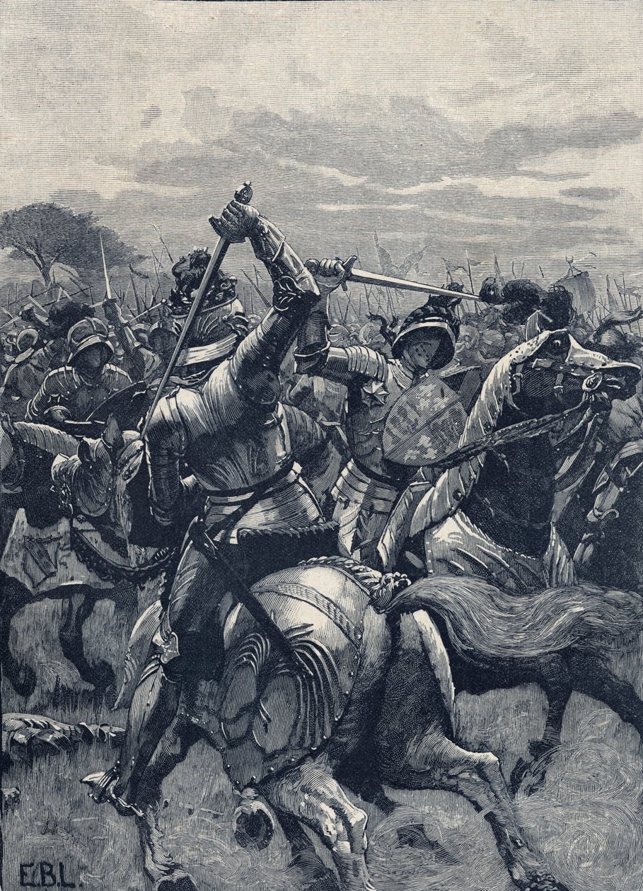 Slaget ved Bosworth Field, 22. august 1485, Wars of the Roses (litho) av School English