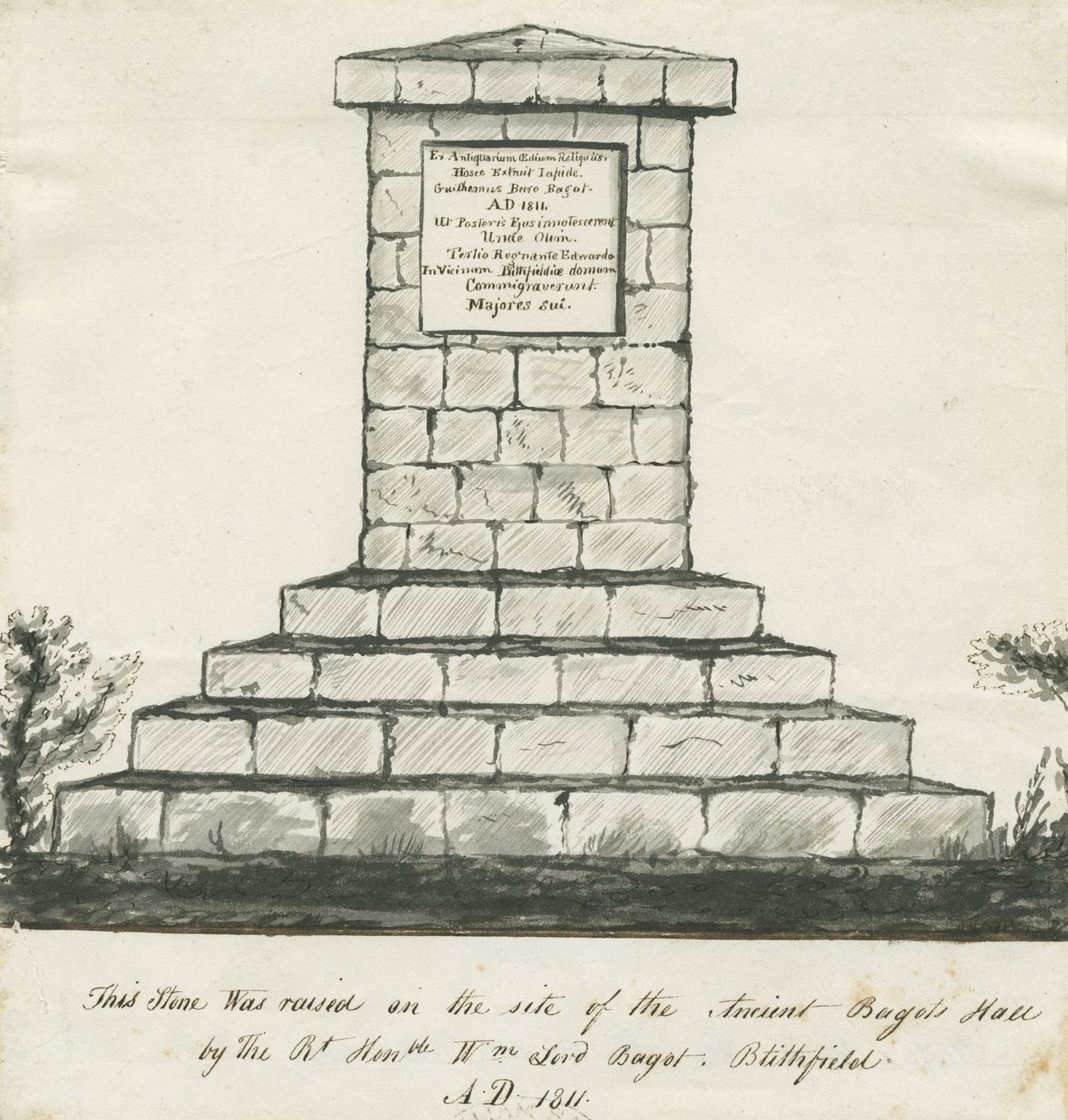 Blithfield - Memorial på stedet til Ancient Bagots Hall: sepia-tegning, nd [1800-tallet] (tegning) av School English