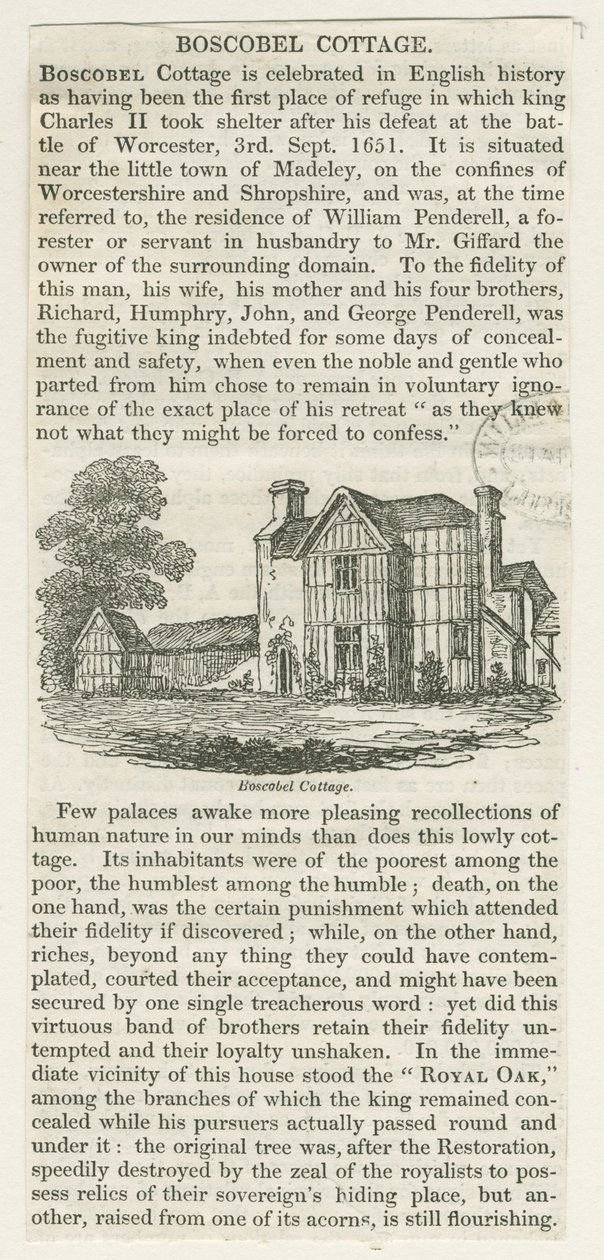Boscobel House: tresnitt gravering, nd [c 1830] (trykk) av School English
