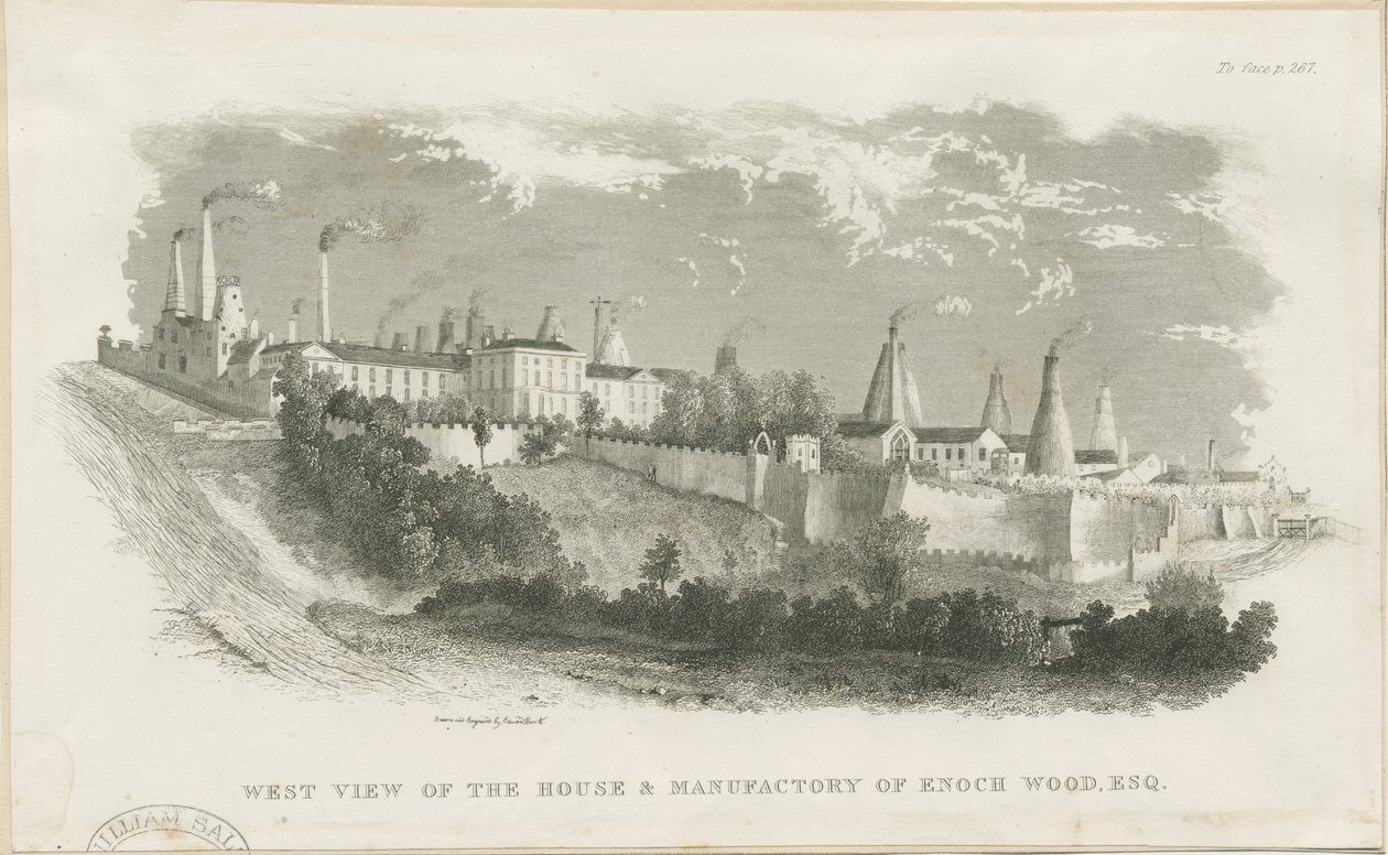 Burslem - hus og fabrikk til Enoch Wood & Sons: gravering, nd [?1800-tallet] (trykk) av School English