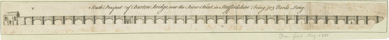 Burton-upon-Trent Bridge and Town: gravering, nd [1751] (trykk) av School English