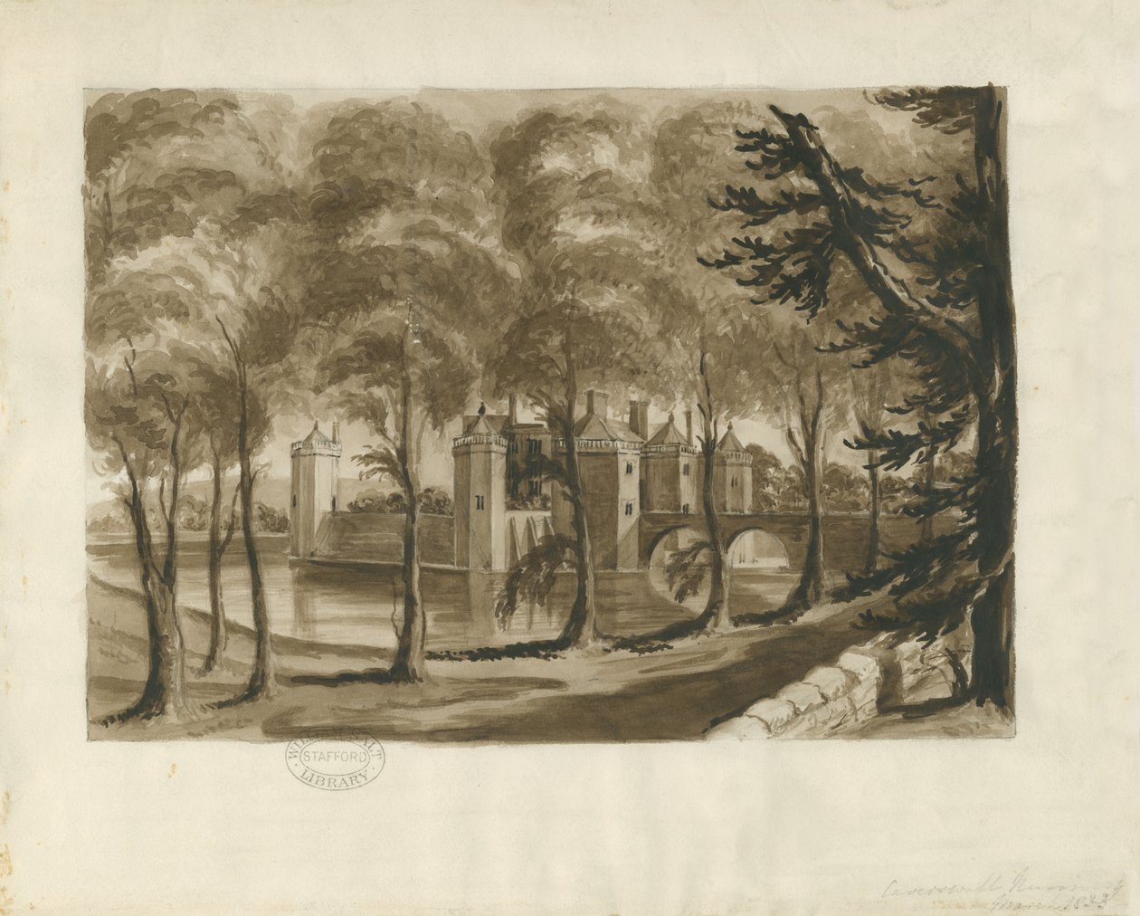 Caverswall Castle: sepia-tegning av School English