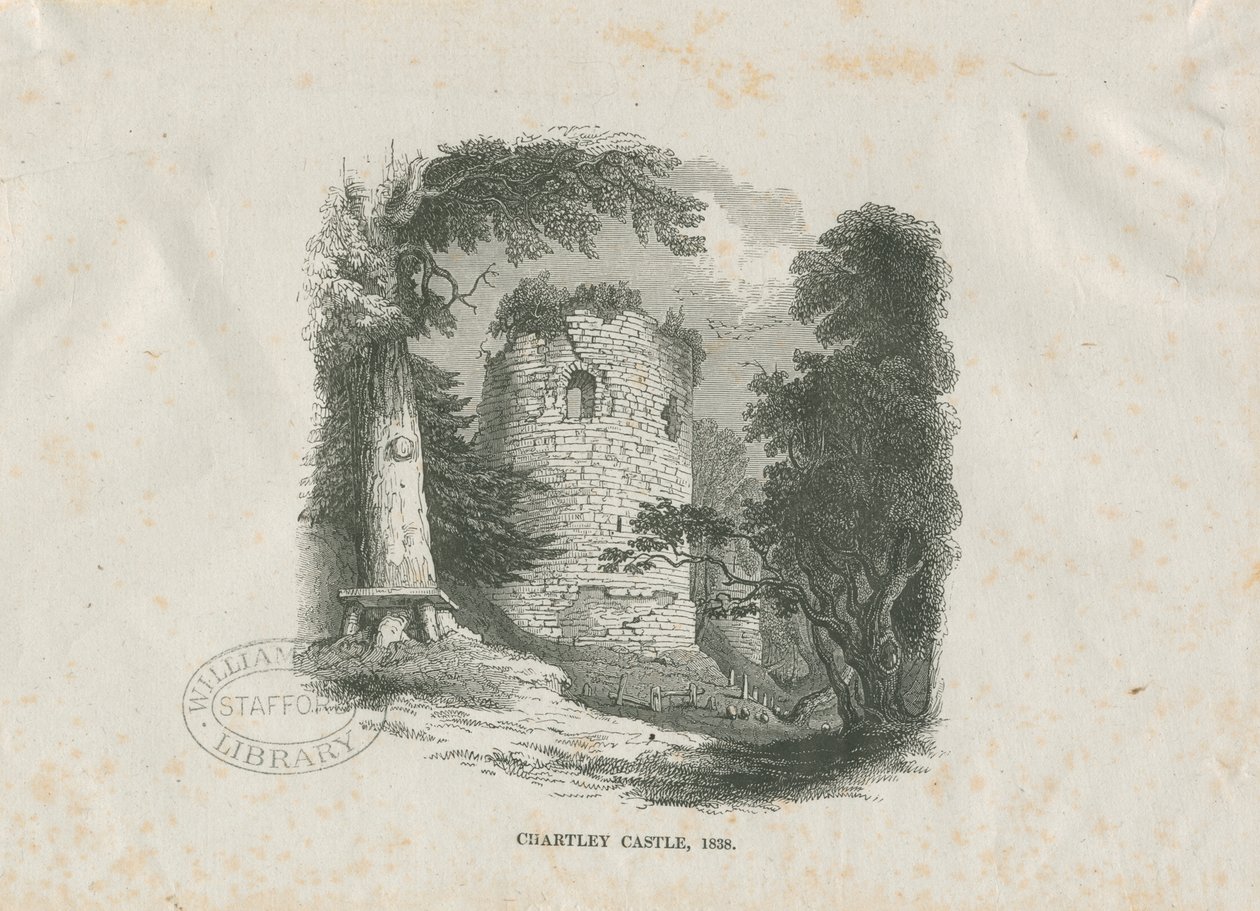 Chartley Castle: tresnittgravering (vignettert) av School English