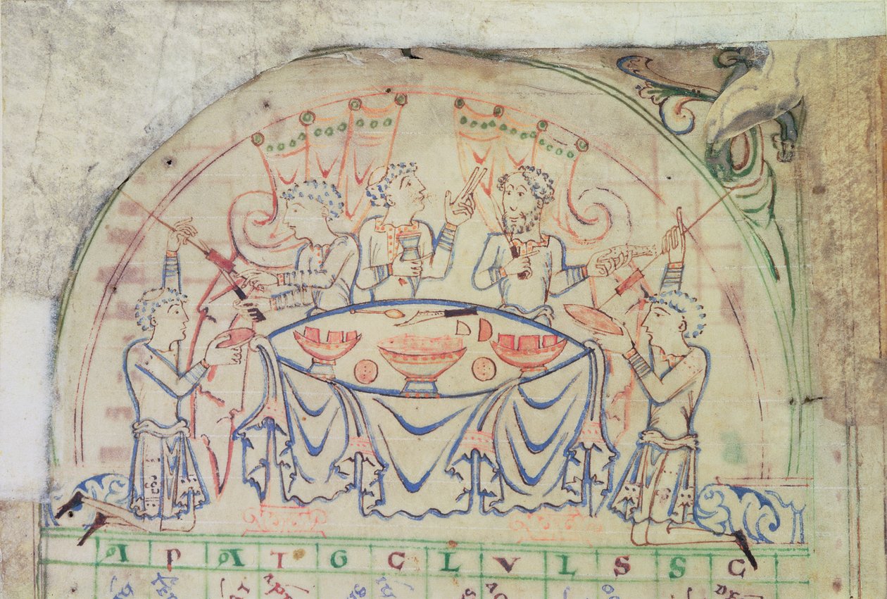 Cotton MS Tiberius C VI f.5v Festscene fra en kalender, 3. kvartal av 1000-tallet-2. halvdel av 1100-tallet (pergament) av School English