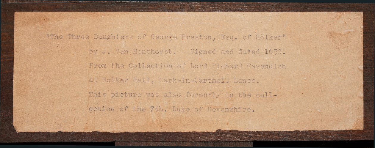 Detalj av inskripsjonen, fra et portrett av de tre barna til George Preston av Holker (blekk på papir) av School English