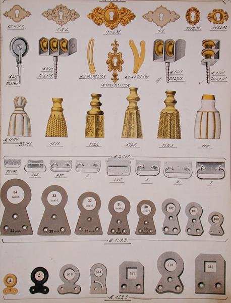 Dørlåsbeslag, fra en handelskatalog over husholdningsvarer og beslag, ca. 1890-1910 (farge litho) av School English