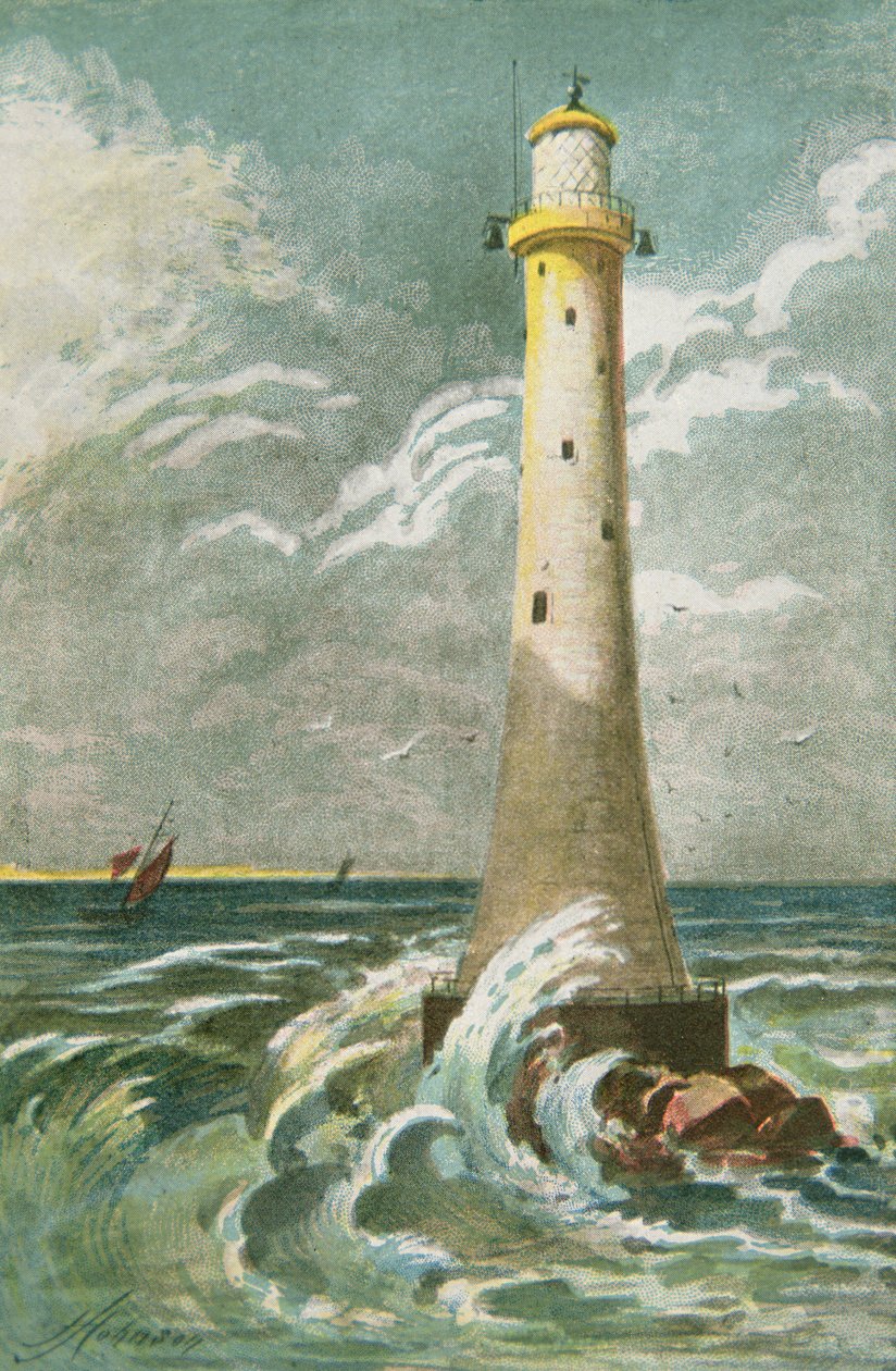 Eddystone fyrtårn utenfor Plymouth (farge litho) av School English