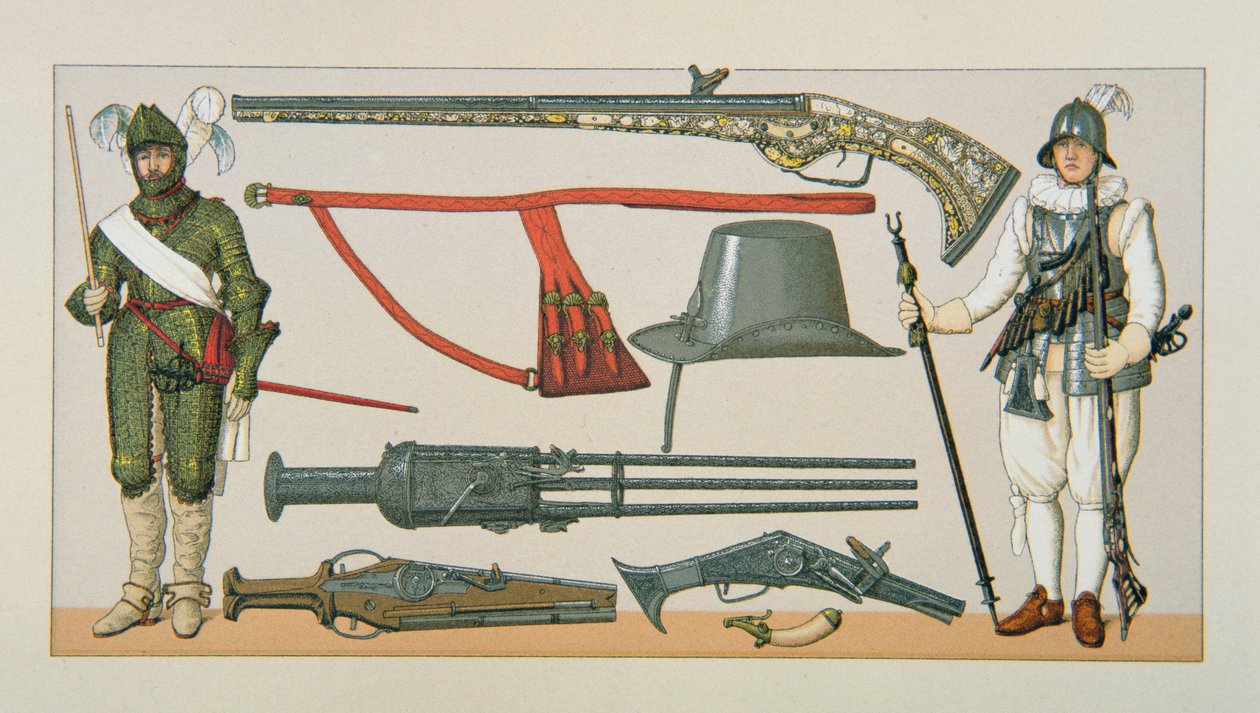 Franske soldater og skytevåpen fra 1600-tallet (farge litho) av School English
