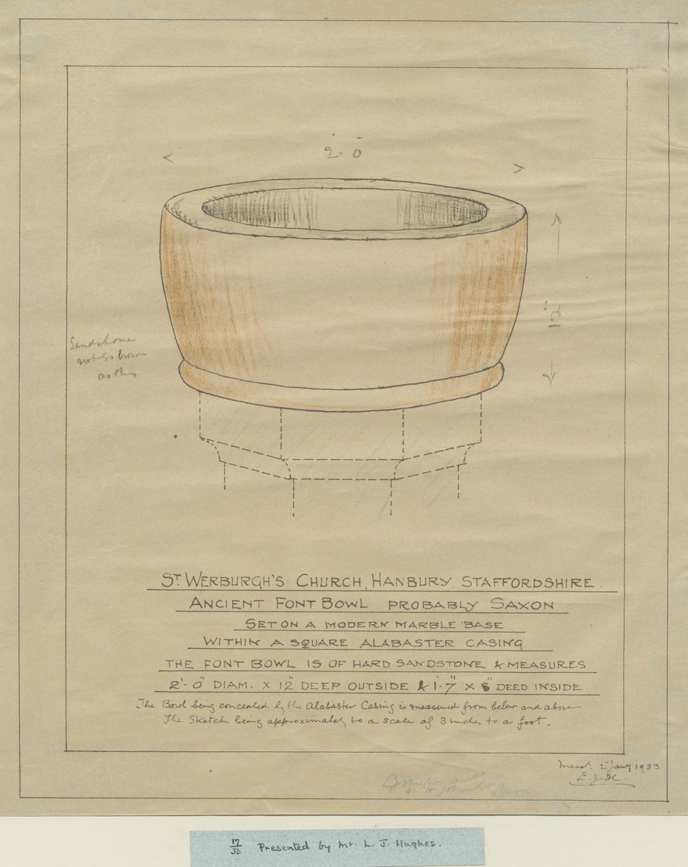 Hanbury Church - Ancient Font Bowl: tracing, nd [1933] (tegning) av School English