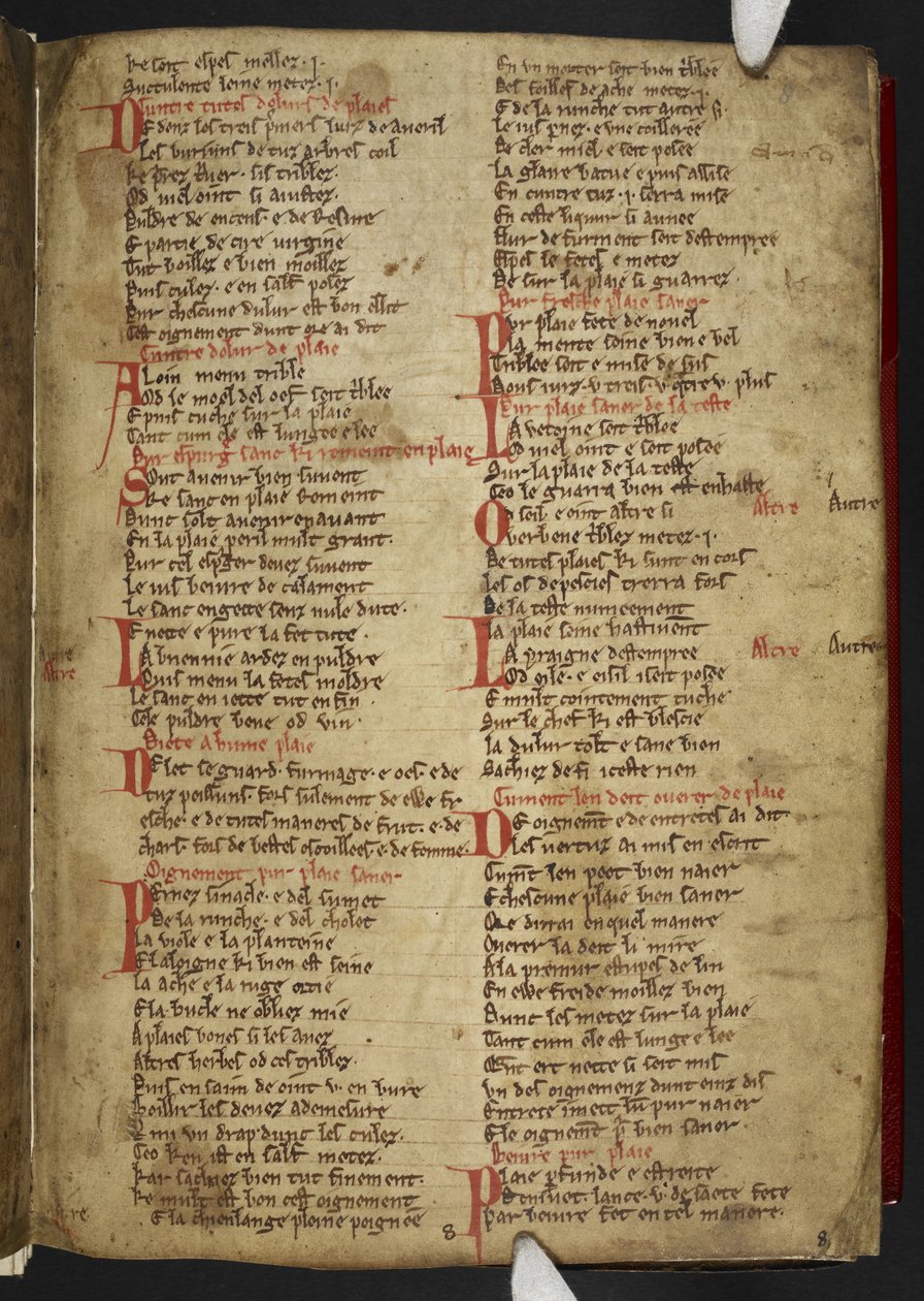 Harley MS 2558 f.8r, Novele cirurgerie, utdrag (365 linjer). En samling medisinske oppskrifter i anglo-normannisk vers (vellum) av School English