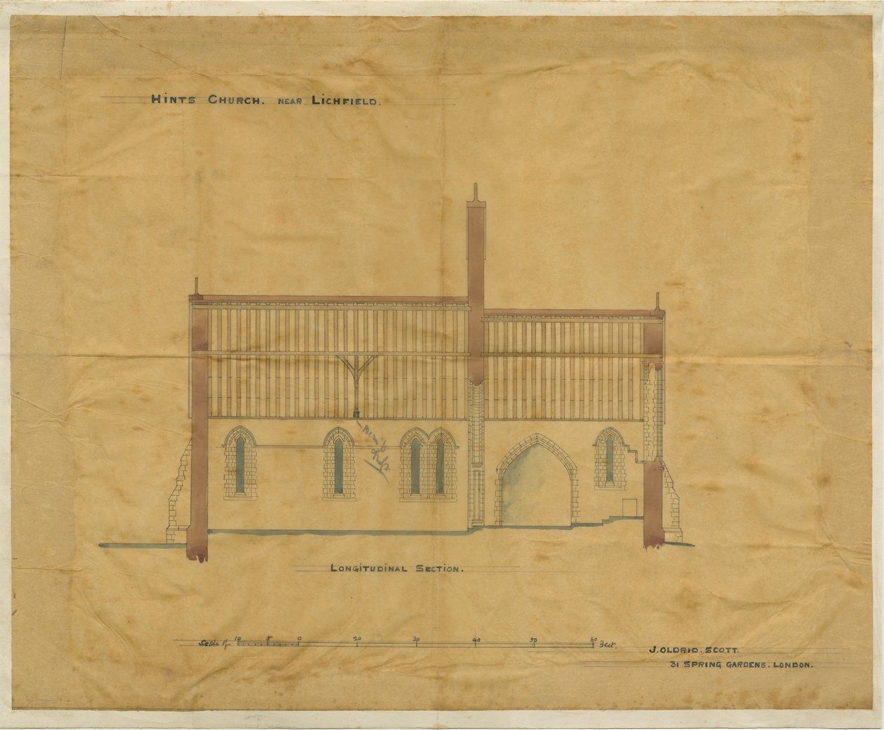 Hints Church: sporing, og [? 1800-tallet] (tegning) av School English