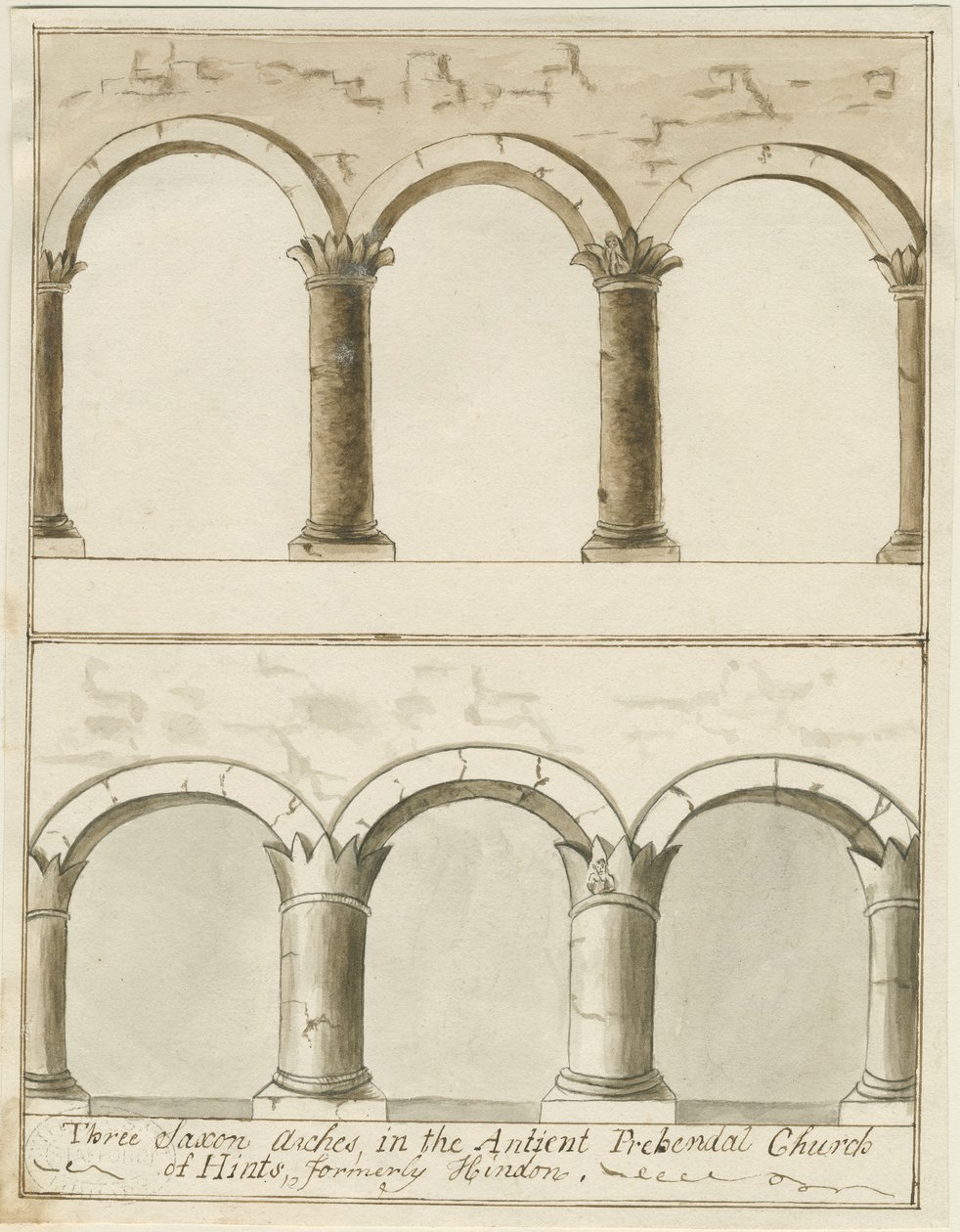 Interiør i Hints Church: penn- og vasketegning, nd [c 1750] (tegning) av School English