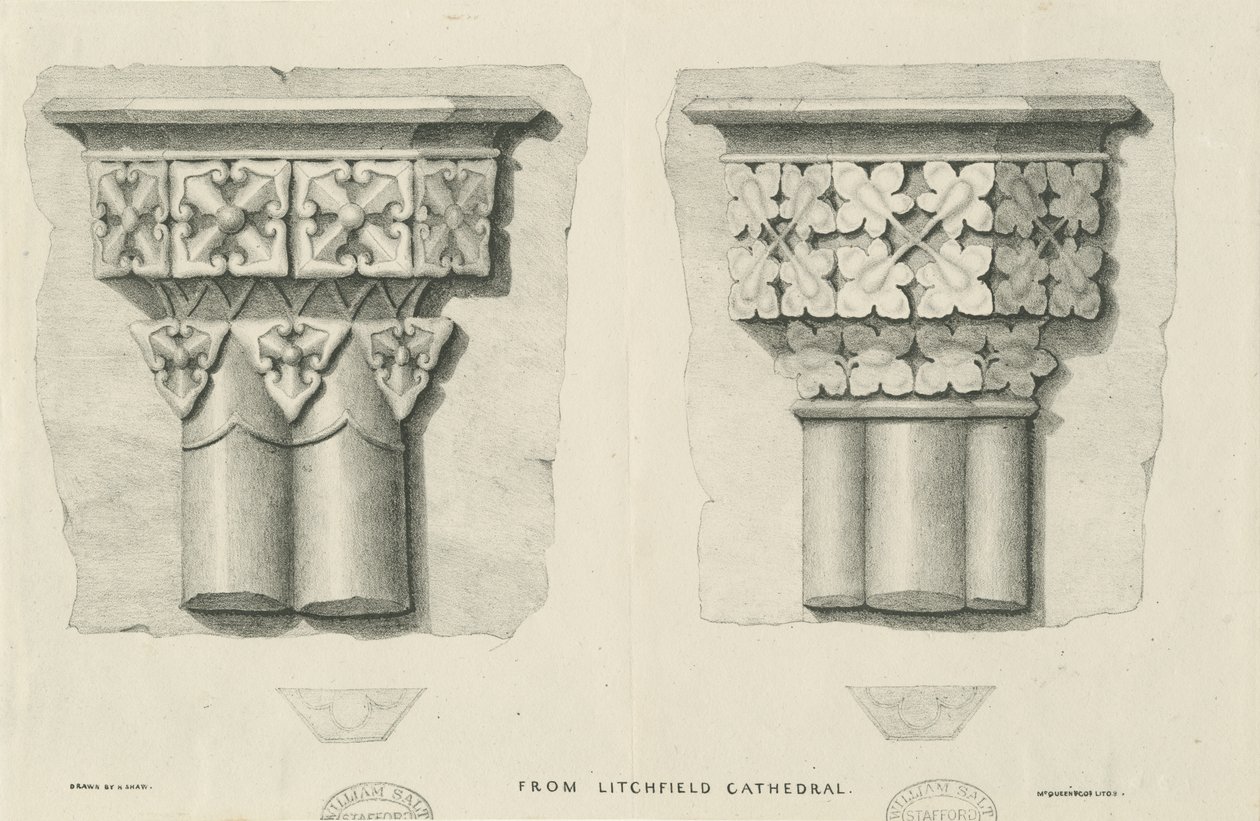 Interiør i Lichfield Cathedral - Utskåret løvverk: litografi og [? 1800-tallet] (trykk) av School English