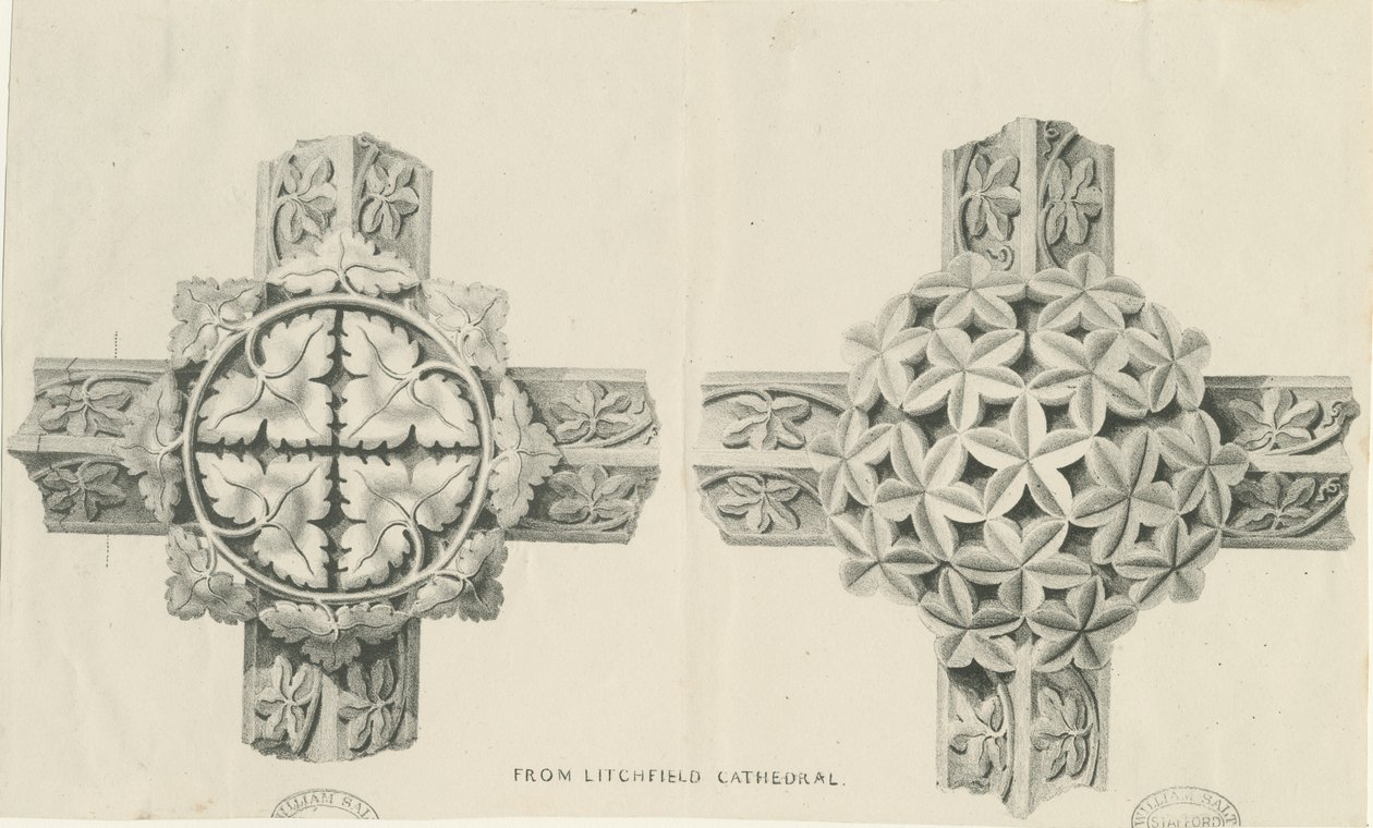 Interiør i Lichfield Cathedral - Utskåret løvverk: litografi, nd [?19. århundre] (trykk) av School English