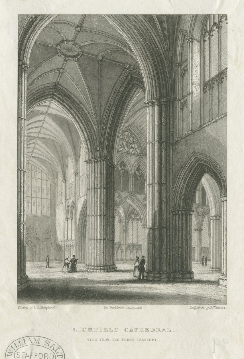 Interiør av Lichfield Cathedral - Kryss fra det nordlige transept: gravering, nd [midten av 1800-tallet] (trykk) av School English