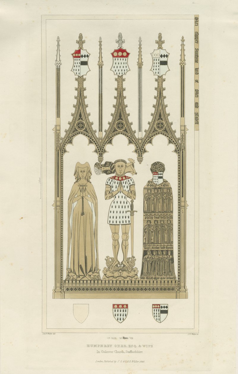 Interiør i Okeover kirke - Monument til Humphrey Oker: gravering, nd [c 1846] (trykk) av School English
