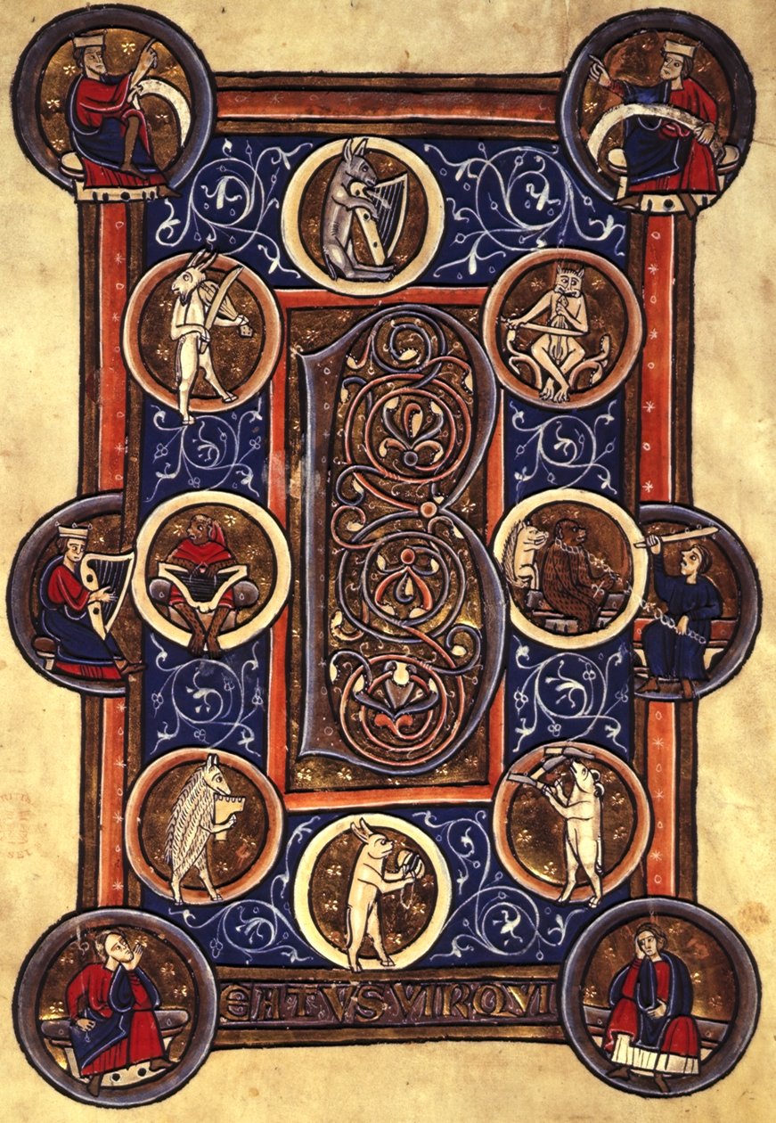 Lansdowne 420 fol.12v Salme I med bebodd initial 